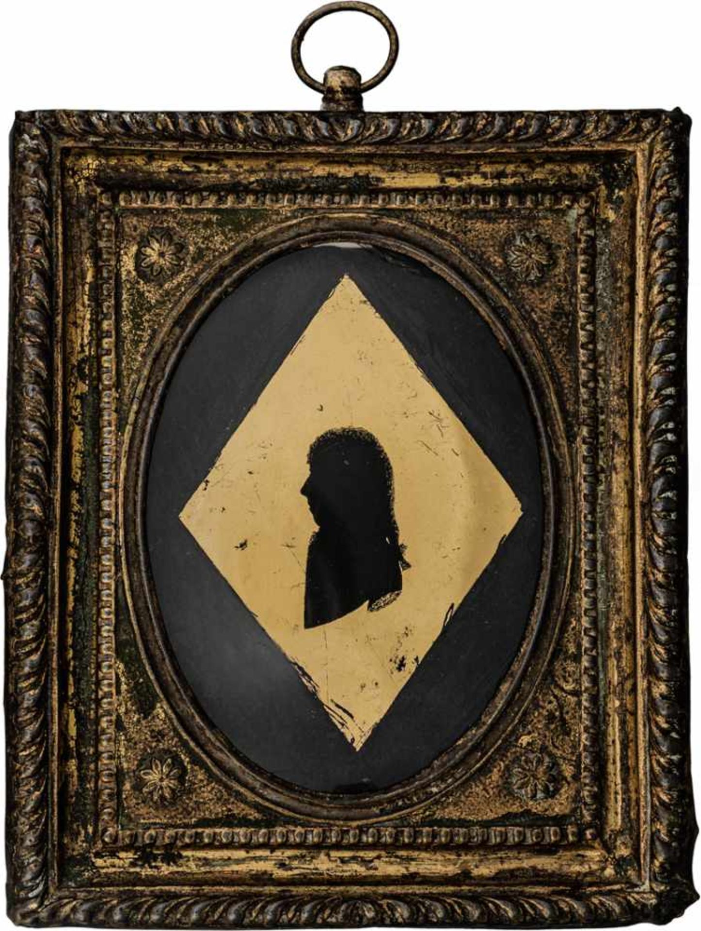 Deutsch: um 1790/1800. Miniatur Gold-Eglomisé Silhouetten Portrait eines jungen Mannes im Profil