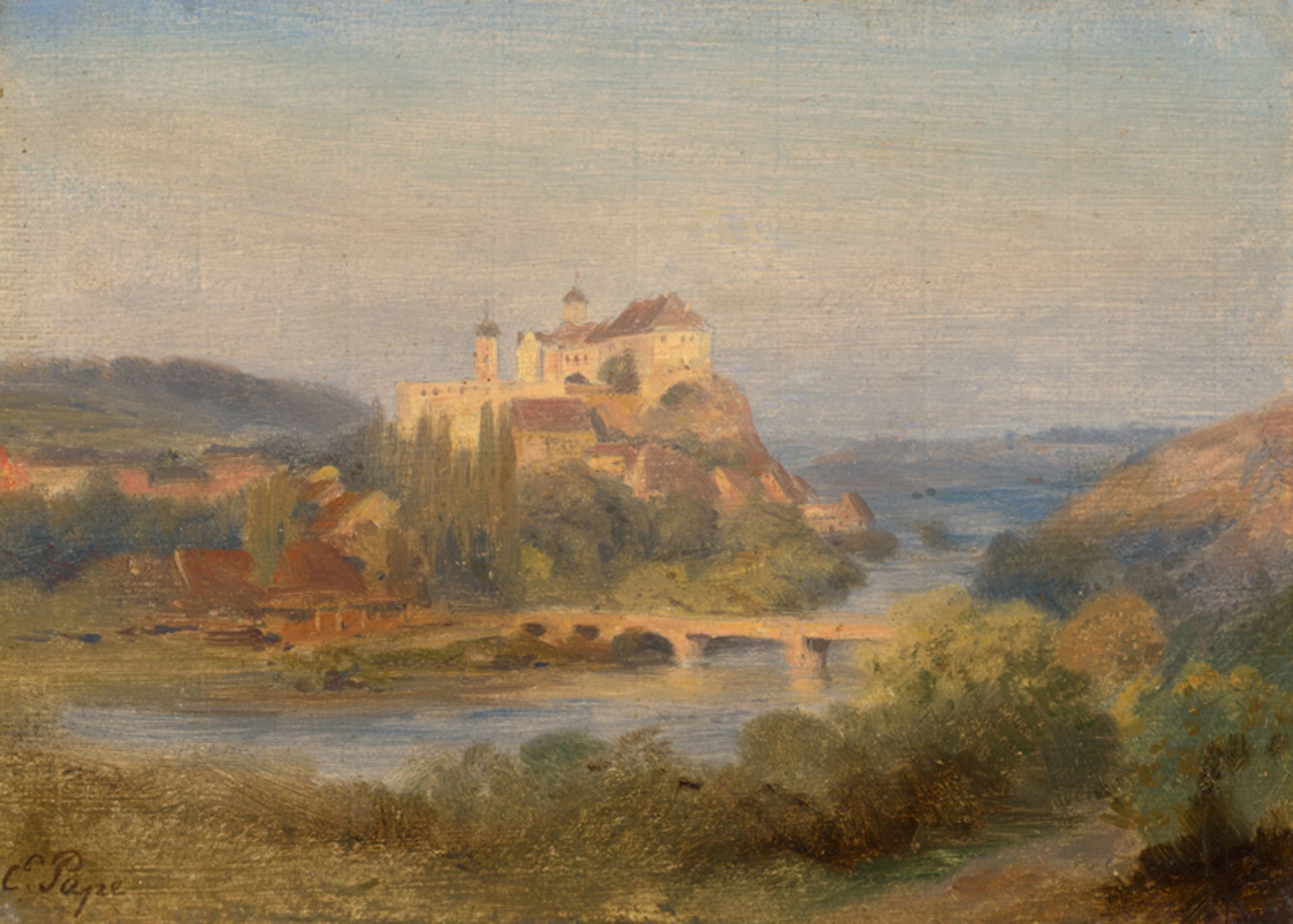 Pape, Eduard Friedrich: Blick über eine Landschaft mit Schloss auf einem Felssporn