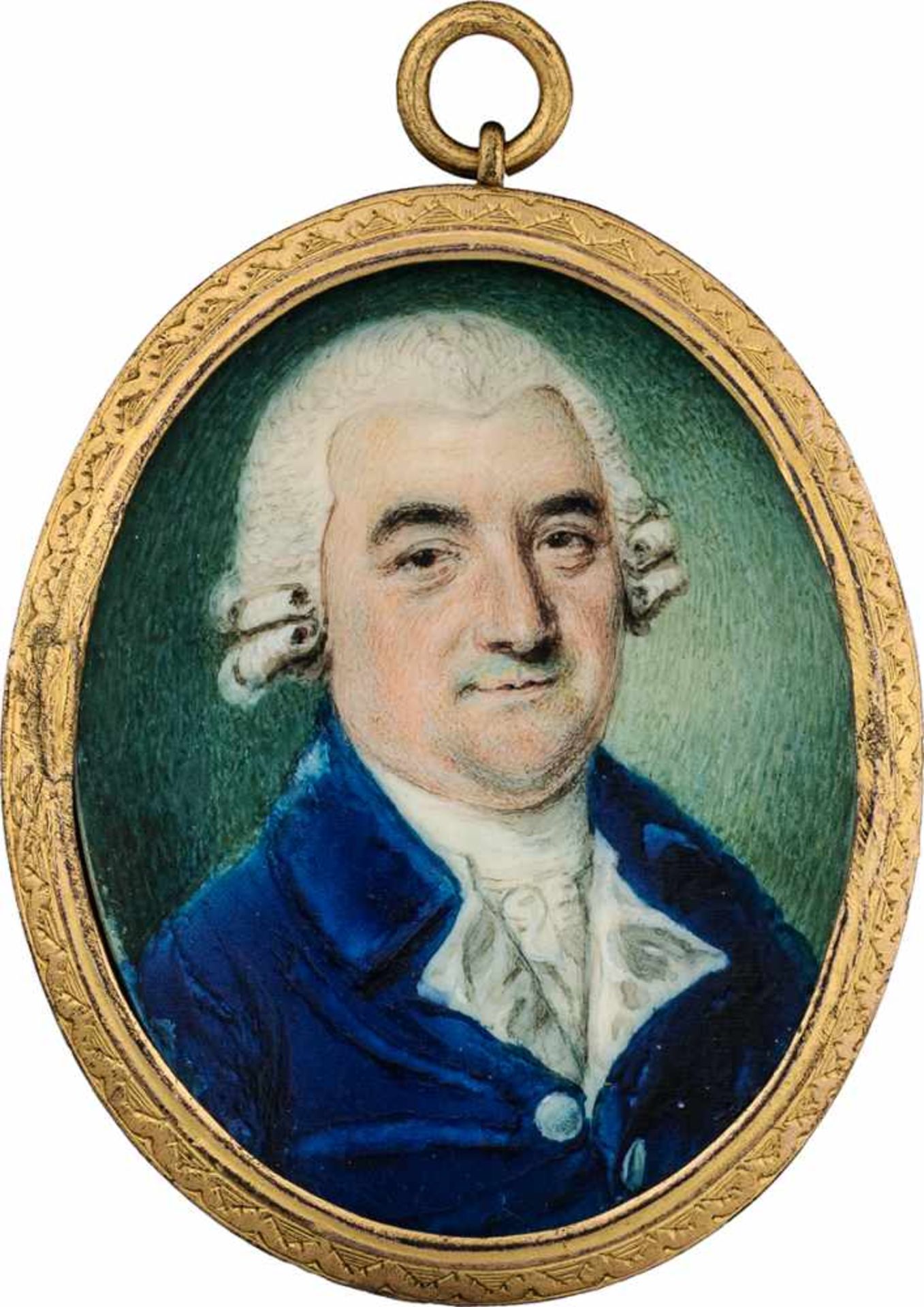 Bogle, John - Umkreis: Miniatur Portrait eines Mannes mit gepuderter Perücke, in blauer Jacke mi