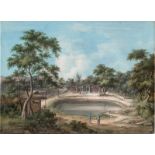 Wilde, Christoffel Steitz de: Java: Tropische Landschaft mit kleinem Pavillon und Wasserbassin</b