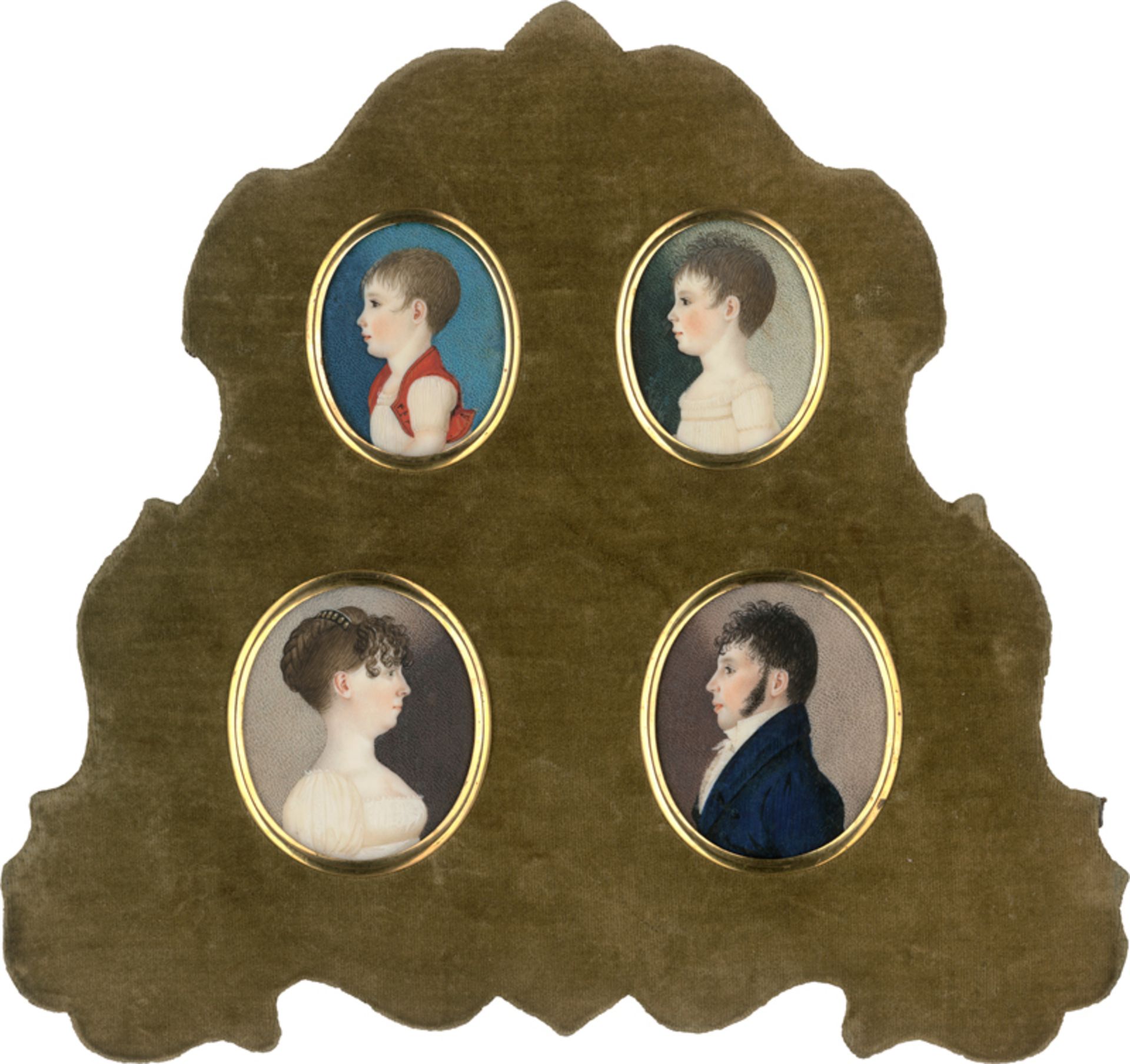 Kontinentaleuropäisch: um 1805. Vier Miniatur Portraits einer jungen Familie, im Profil: Vater,