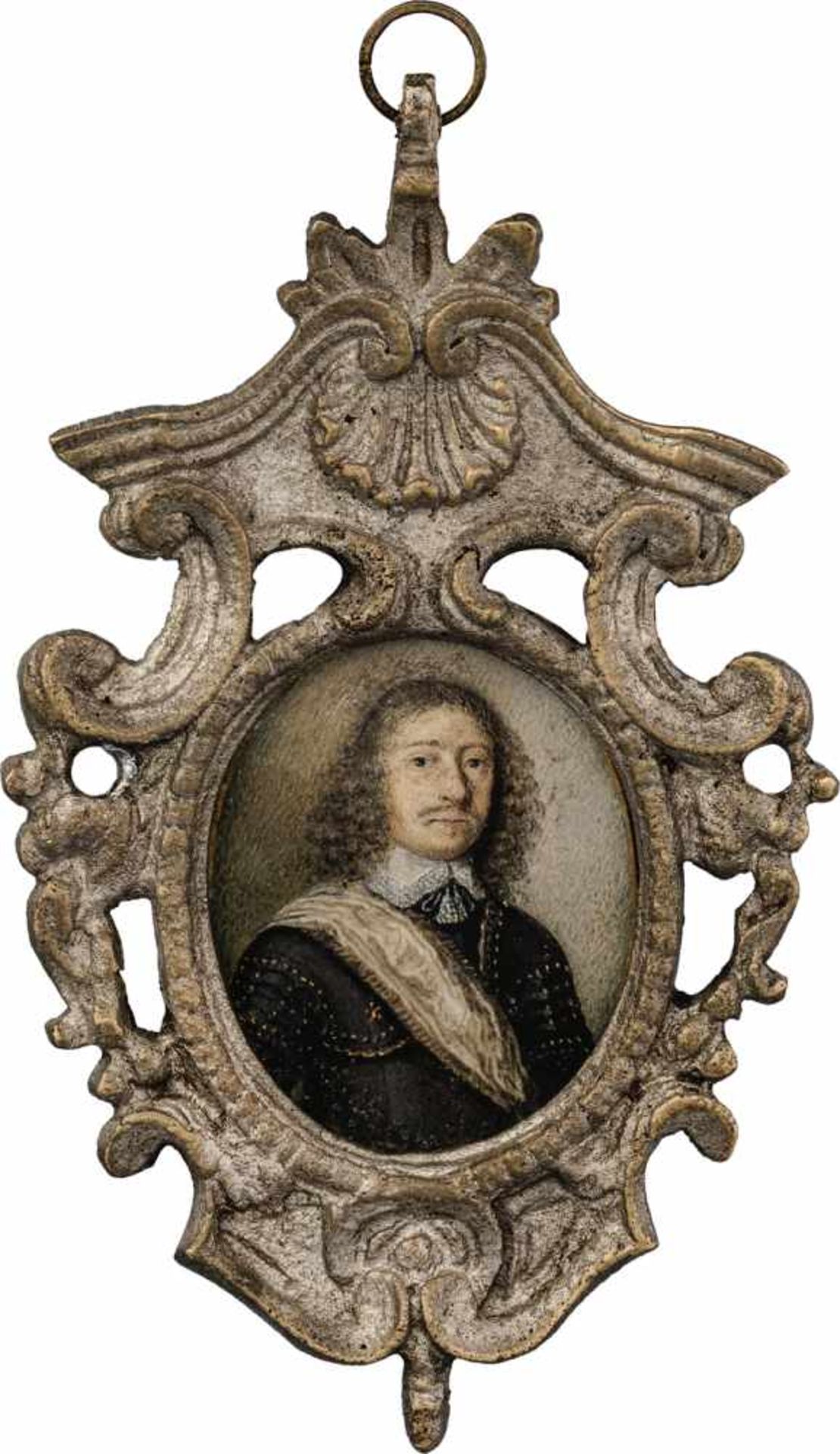 Englisch: um 1650. Miniatur Portrait eines Mannes in schwarzer Rüstung mit weißer Schärpe