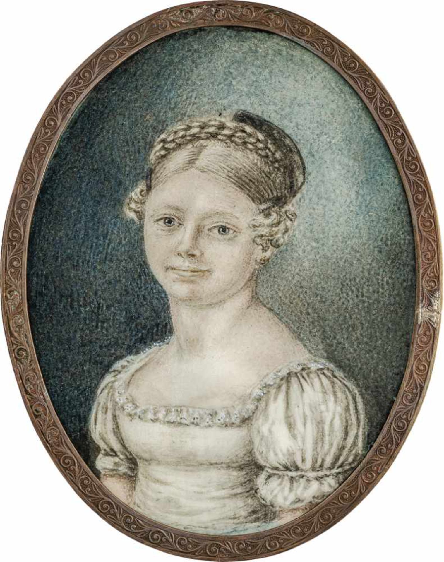 Skandinavisch: um 1815. Miniatur Portrait eines Mädchens mit Zopf im Haar, plus 3 Beigaben