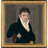 Fribourg, Denis-Huguenot: Miniatur Portrait eines jungen Mannes mit rechtem Arm auf Stuhllehne</b