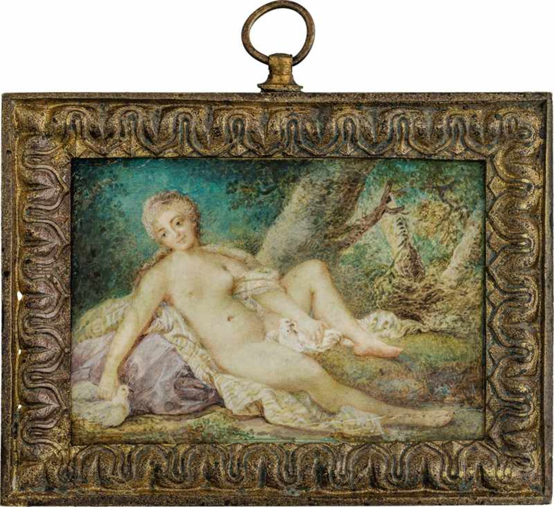Charlier, Jacques - Werkstatt: Miniatur Portrait einer nackten Frau, in Landschaft sitzend und zw