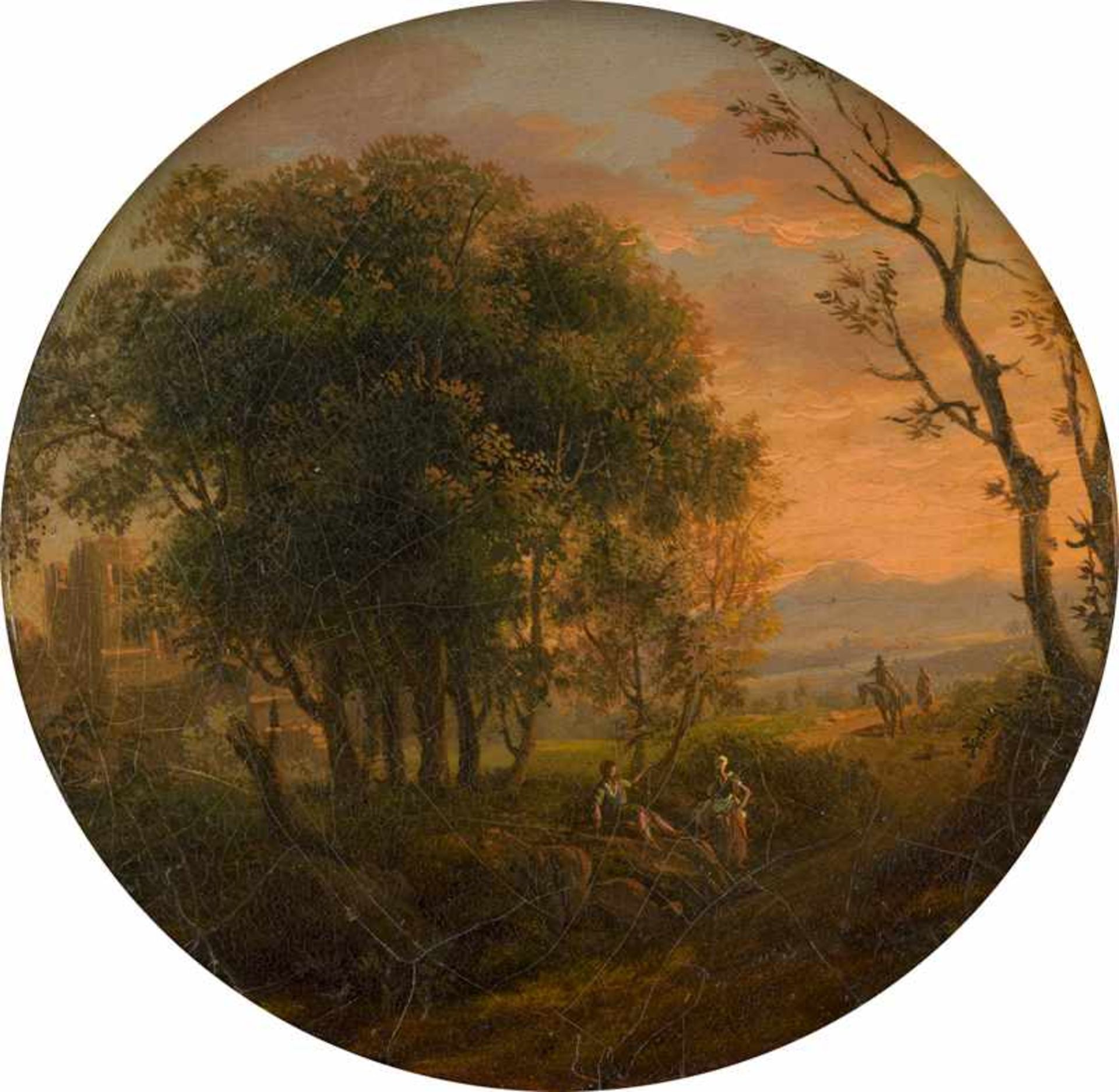 Deutsch: um 1780. Südliche Landschaft mit rastendem Paar und Reitern