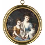 Französisch: um 1800/1805. Miniatur Doppelportrait einer jungen Frau in hellblauem Kleid und ihr