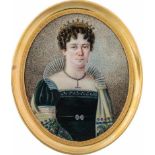 Deutsch: um 1820. Miniatur Portrait einer jungen Frau in blaugrünem Kleid mit weißem Stehkragen