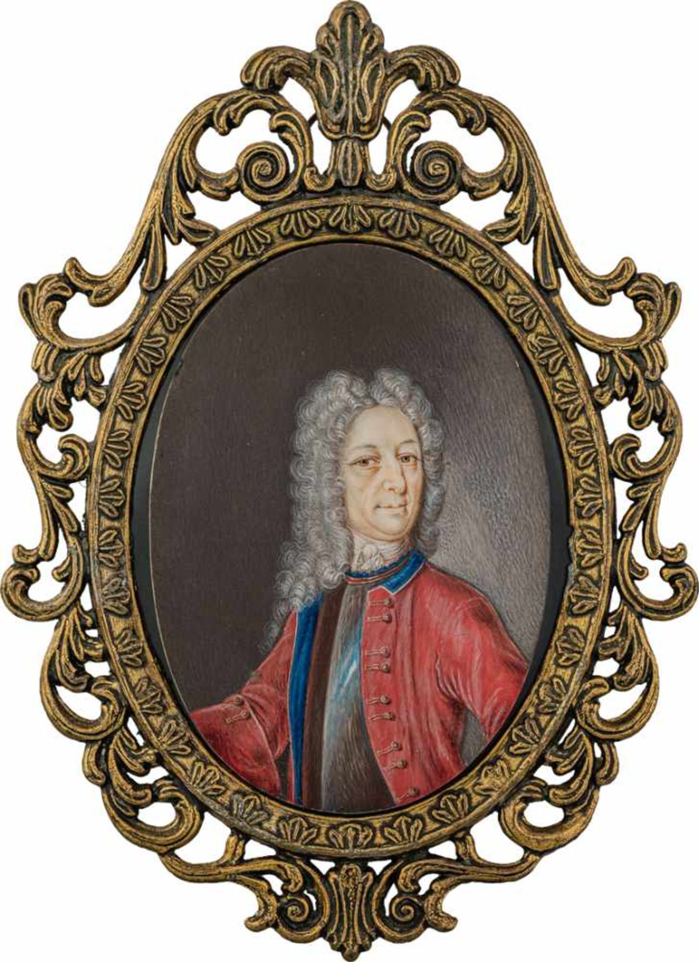 Norddeutsch: um 1710/1720. Miniatur Bildnis eines Mannes mit Perücke, in blau gefütterter roter