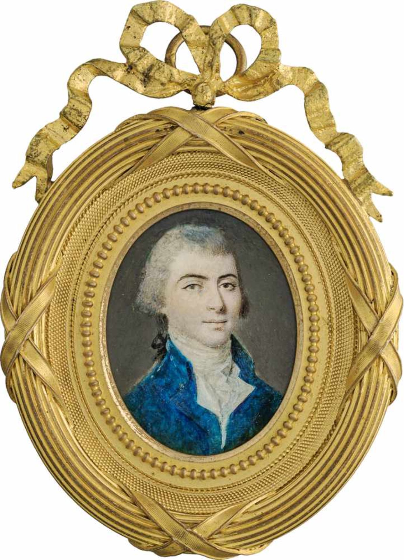 Sené, Louis: Miniatur Portrait eines jungen Mannes in blauer Jacke mit weißer Weste