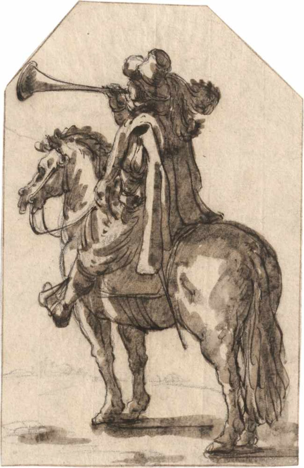 Italienisch: 1. Hälfte 17. Jh. Ein Kavalier mit Posaune zu Pferde