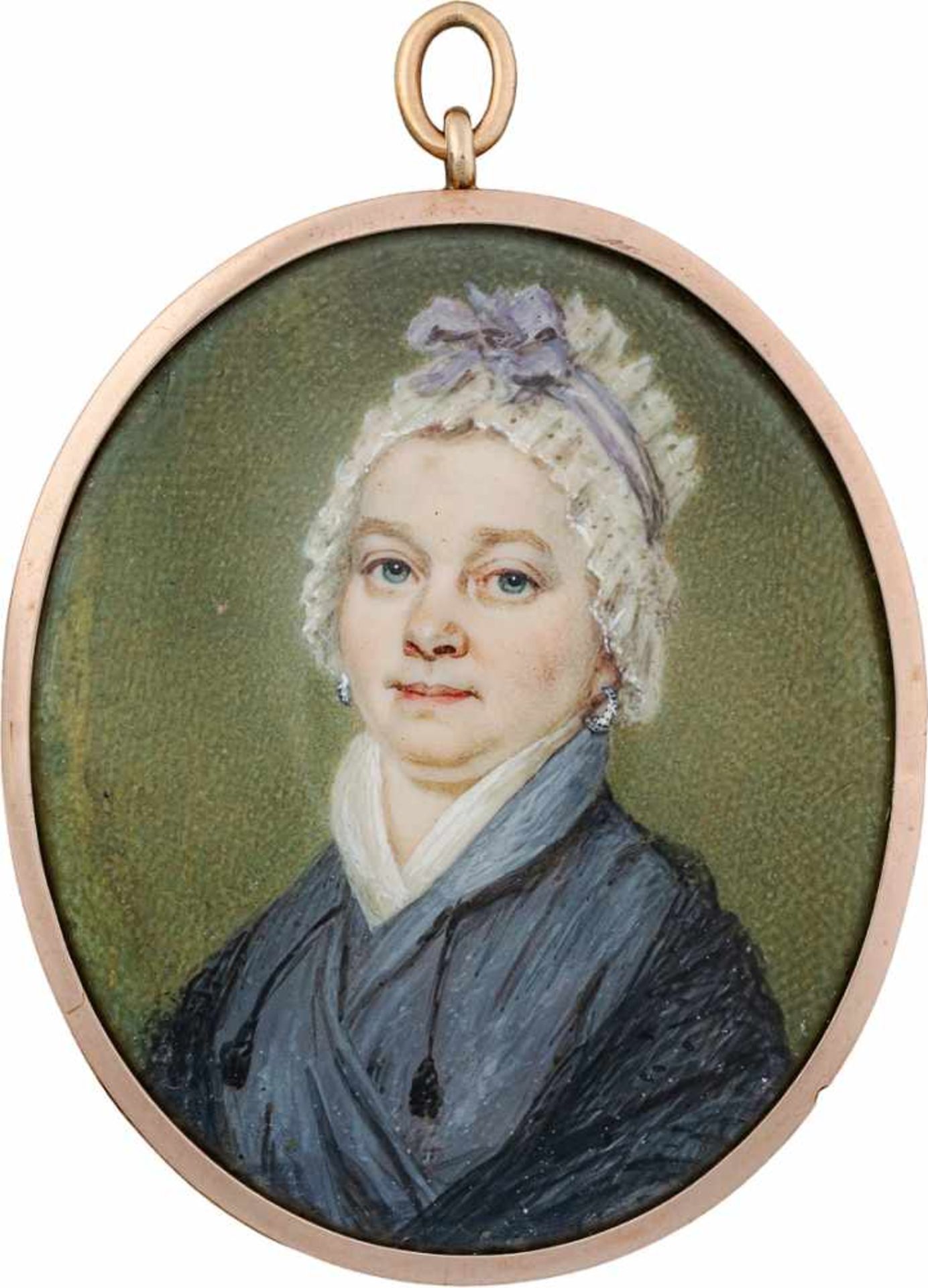 Russisch: 1805. Miniatur Portrait einer jungen Frau mit weißer Rüschenhaube, in blauem Kaftan</