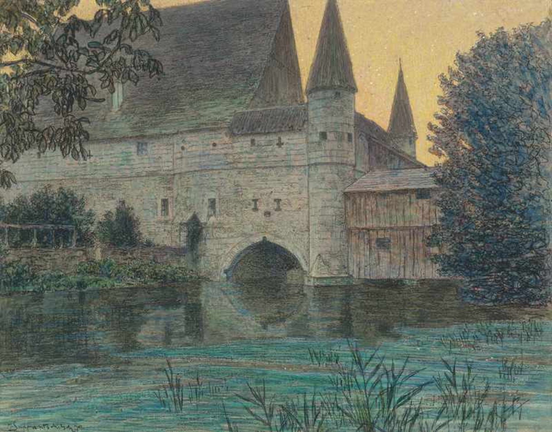 Suppantschitsch, Max: Klosteranlage an einem See im Abendlicht