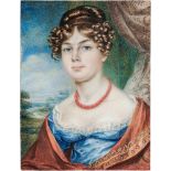 Englisch: um 1815/1820. Miniatur Portrait einer jungen Frau in blauem Kleid und rotem Schal vor L