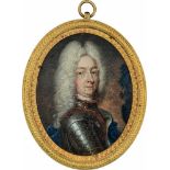 Europäisch: um 1710/1720. Miniatur Portrait eines Mannes mit langer weiß gepuderter Perücke in