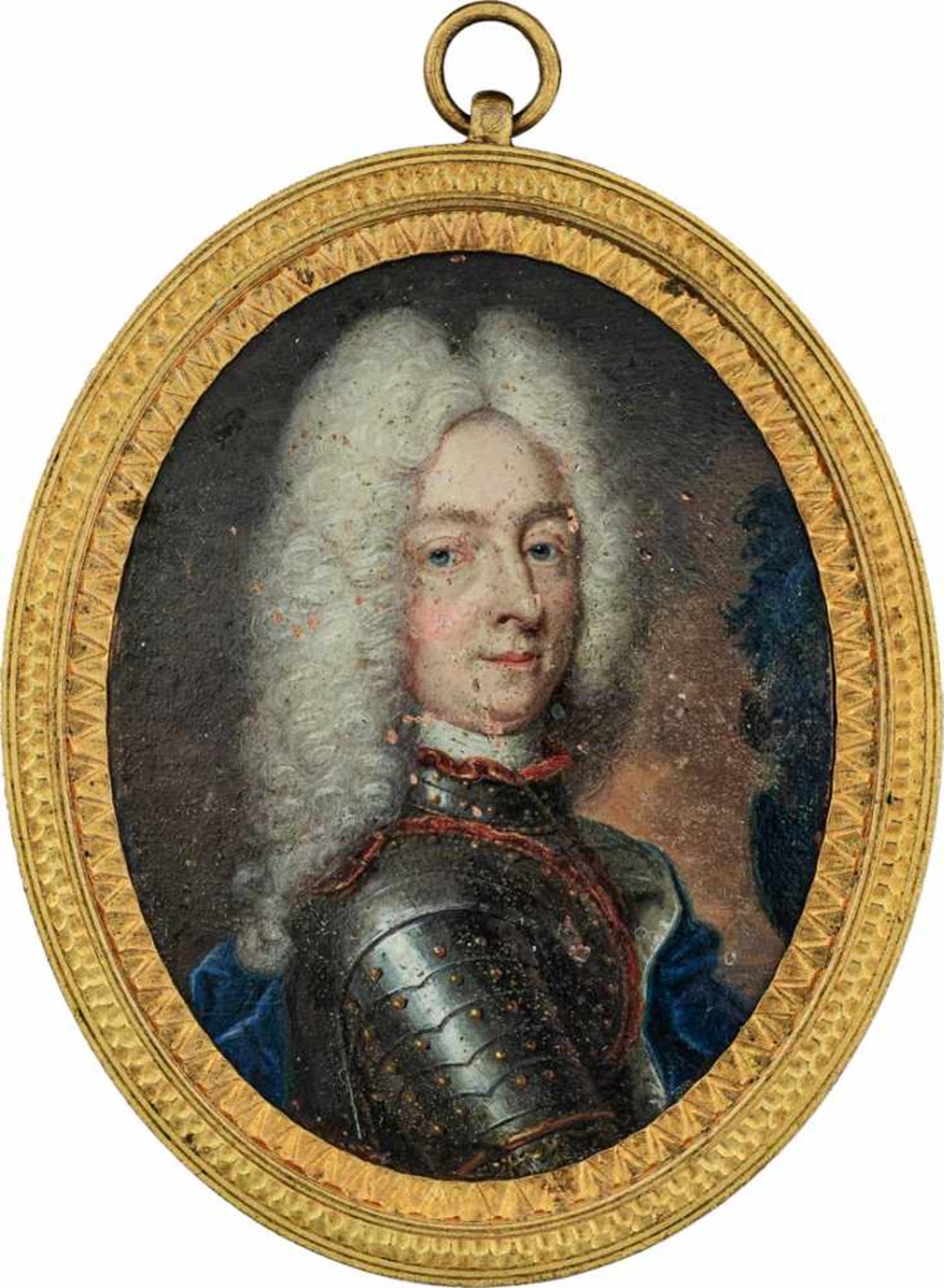 Europäisch: um 1710/1720. Miniatur Portrait eines Mannes mit langer weiß gepuderter Perücke in