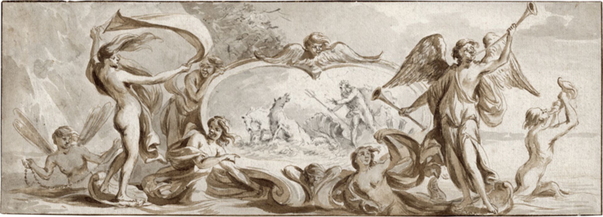 Niederländisch: 17. Jh. Ornamententwurf mit Neptun in seinem Meereswagen in einer Kartusche