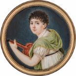 Deutsch: um 1800/1805. Miniatur Portrait einer jungen Frau mit Gitarre, im Halbprofil über ihre