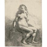 Rembrandt Harmensz. van Rijn: Nackte Frau auf einem Erdhügel sitzend