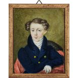 Zentraleuropäisch: um 1820/1830. Miniatur Portrait eines sitzenden Jungen mit Schneckerlfrisur</