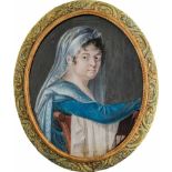 Deutsch: um 1800/1805. Miniatur Portrait einer jungen Frau in blauem Kleid und weißem Spitzensch