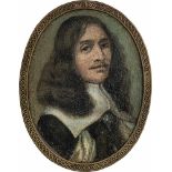 Niederländisch: um 1650/1660. Miniatur Portrait eines langhaarigen Mannes in Schwarz mit weißem
