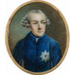 Preußisch: um 1765/1770. Miniatur Portrait des Königs Friedrich II. von Preußen in blauer Unif