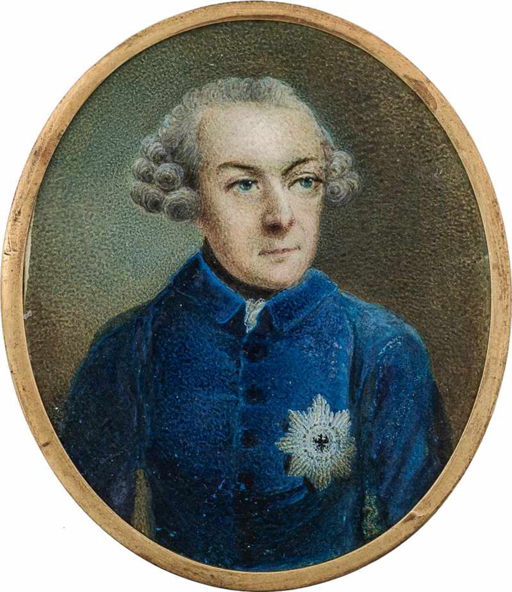 Preußisch: um 1765/1770. Miniatur Portrait des Königs Friedrich II. von Preußen in blauer Unif