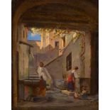 Dänisch: um 1830. Blick in einen römischen Innenhof mit Wäscherinnen