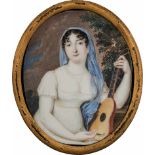 Italienisch: um 1815. Miniatur Portrait einer jungen Frau in weißem Kleid, eine Gitarre haltend<