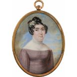 Suchy, Adalbert: Miniatur Portrait einer Frau mit Perlenhalsband in violettem Kleid