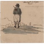 Deutsch: um 1810. Bauer mit schwarzem Hut und Wanderstab