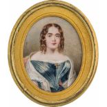 Hervé, C. S.: Miniatur Portrait einer sitzenden jungen Frau in grünblauem Kleid mit weißem Sch
