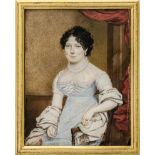 Lethbridge, Walter Stephens: Miniatur Portrait einer sitzenden jungen Frau, in hellblauem Kleid m