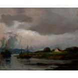 Rudinoff, Willibald Wolf: Flußlandschaft (Elbe?) mit kleinem Dampfer