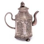 A Chinese silver wine ewer and cover, bears indistinct mark to the cover: of hexagonal outline,
