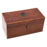 A Georgian mahogany and crossbanded three-division tea caddy: of rectangular outline,