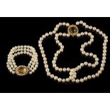 A cultured pearl two-strand necklace on 9ct gold,