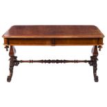 A Victorian rosewood rectangular library table:, the top with rounded corners and a moulded edge,