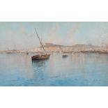 Oscar Ricciardi [1864-1935]- Fishermen and shipping in a busy Italian bay,