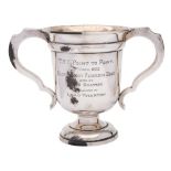 A George V silver twin handled trophy cup, maker Elkington & Co, Birmingham, 1921: inscribed,