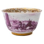 A Meissen teabowl: the exterior painted in puce monochrome with a continuous landscape and estuary