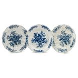 A pair of First Period Worcester blue and white deep plates and a similar cress strainer dish: