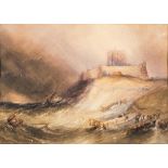 Circle of William Clarkson Stanfield [1793-1867]- Bamburgh Castle Northumberland in a storm,