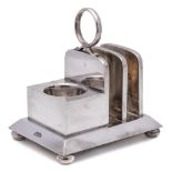 A silver plated combination toast rack and egg cup warmer, by Lockwood,