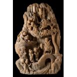 A large Chinese carved soapstone mountain: carved with scholars and other figures by a bridge and
