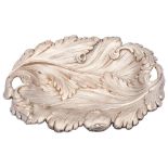 A 19th century silver plated serving dish: of rectangular outline in the form of entwined acanthus