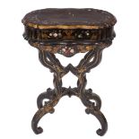 A Victorian papier mache and decorated work table:, of oval shaped outline,