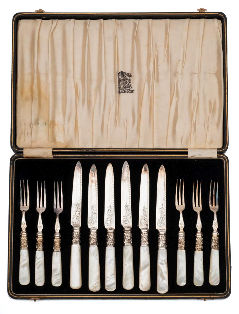 A late Victorian silver plated fruit set by Elkington: the six knives with foliate engraved blades