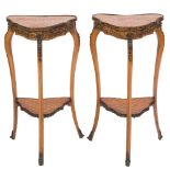 A pair of French parquetry and gilt brass mounted two tier etageres:, of cartouche shaped outline,